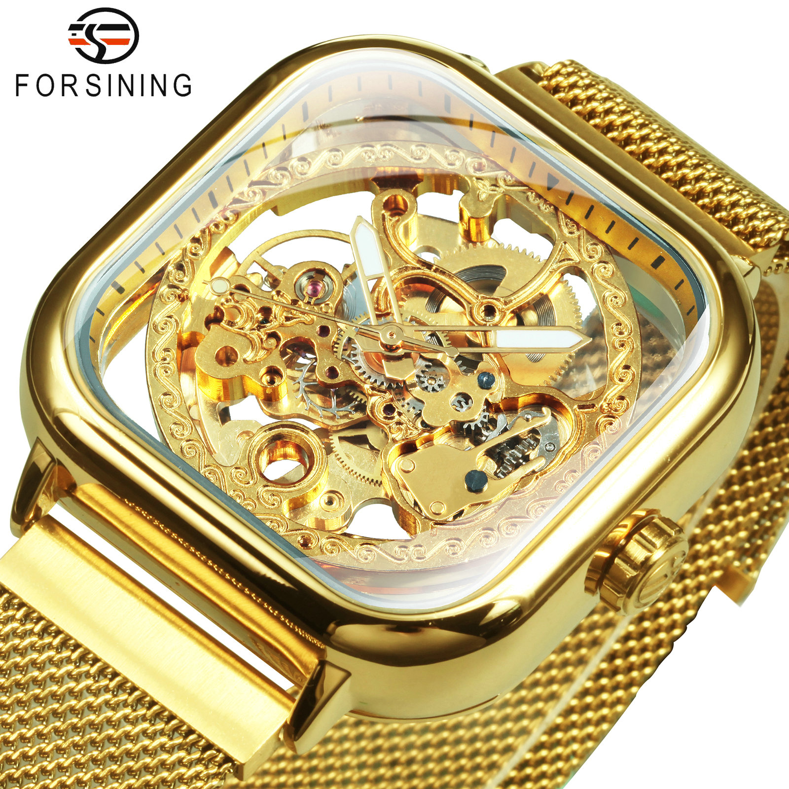 Forsining Luxury Square Skelet - Stainless Mesh Band ulasan dan harga